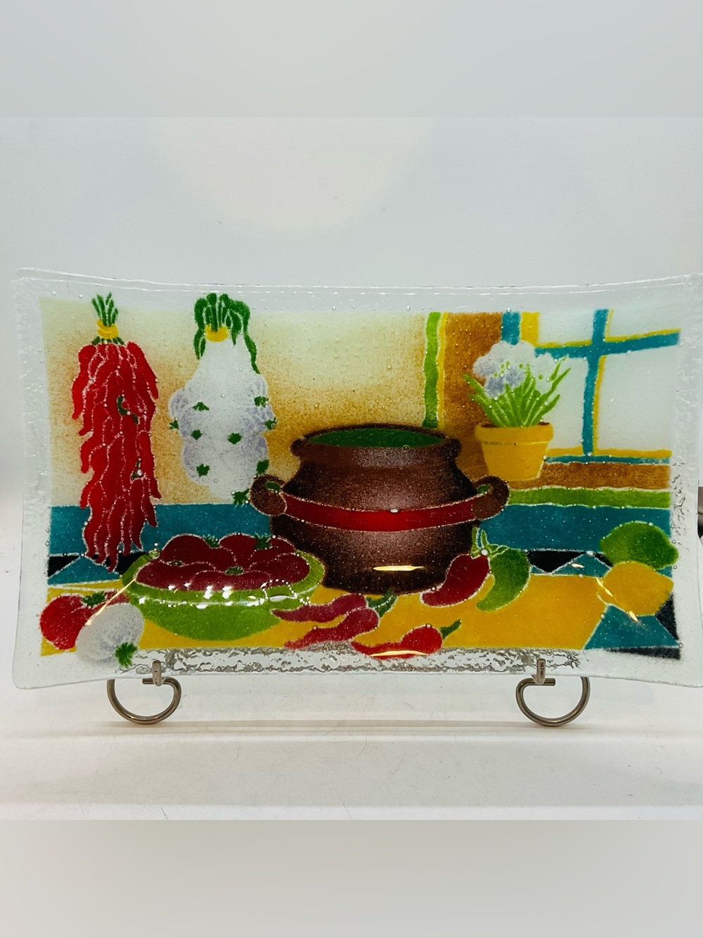 VTG Peggy Karr Fused Art Glass  Multi Color Rectangular Kitchen Tray  10”x5.5”